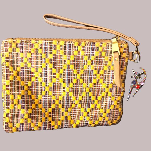 Colorful Miztique Cotton Woven Large Wristlet Tan Leather Straps Gold Hardware - Picture 2 of 8
